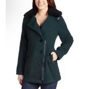 Steve Madden‎ Womens Black Faux Fur Trim Asymmetrical Zip Coat Size Large edgy